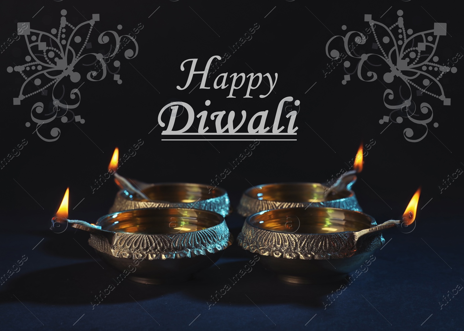 Image of Inscription Happy Diwali and clay lamps on dark background