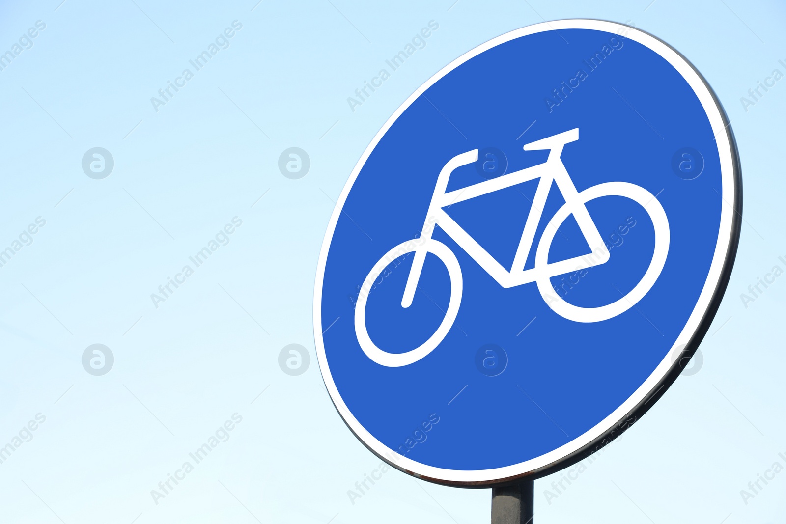 Photo of Road sign Cycleway against clear blue sky. Space for text