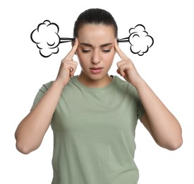 Young woman having headache on white background. Illustration of steam representing severe pain