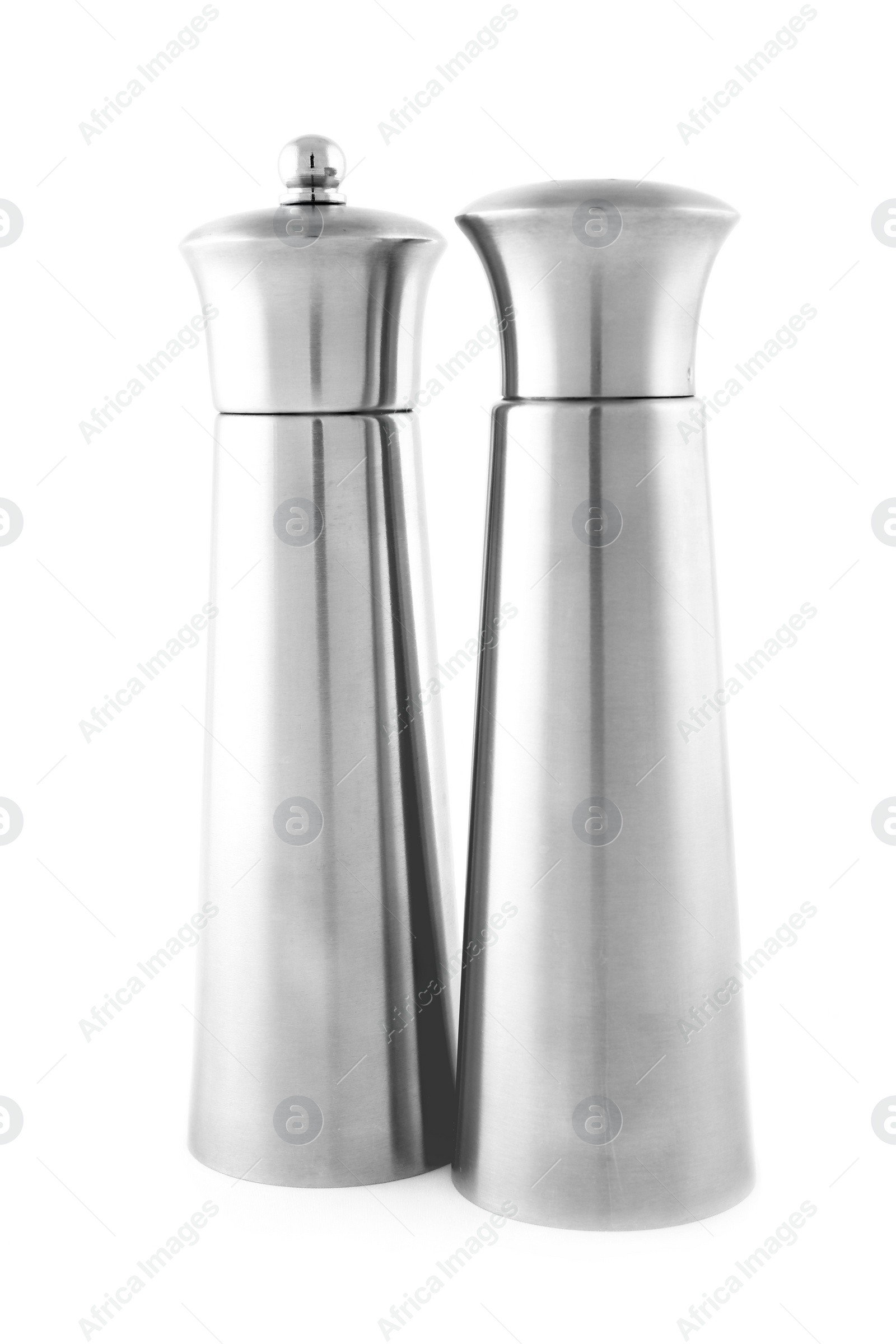 Photo of Stainless steel salt and pepper shakers isolated on white