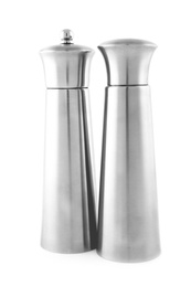 Photo of Stainless steel salt and pepper shakers isolated on white