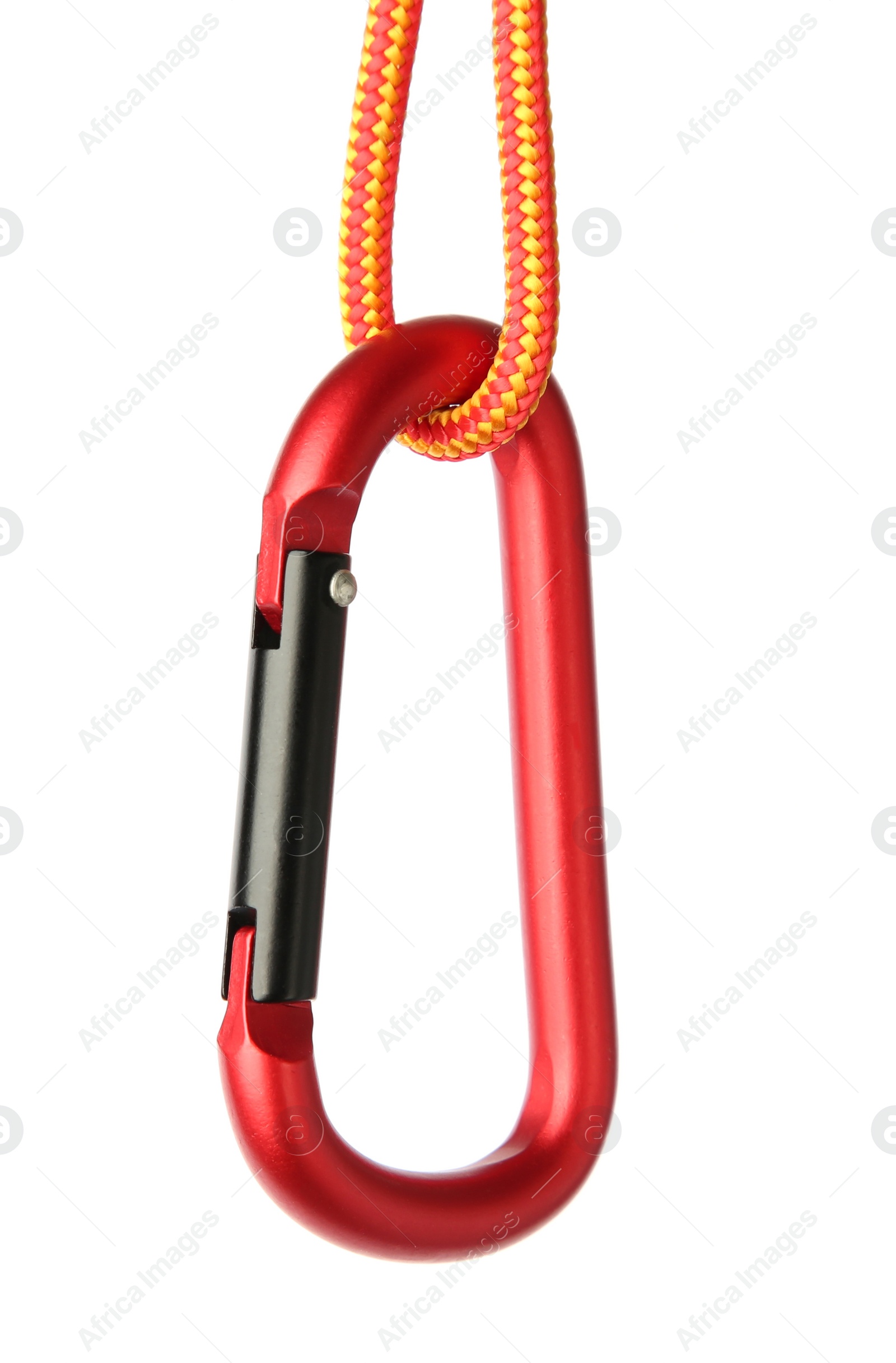 Photo of One metal carabiner with rope isolated on white
