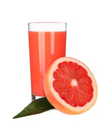 Photo of Tasty grapefruit juice in glass, leaf and half of fresh fruit isolated on white