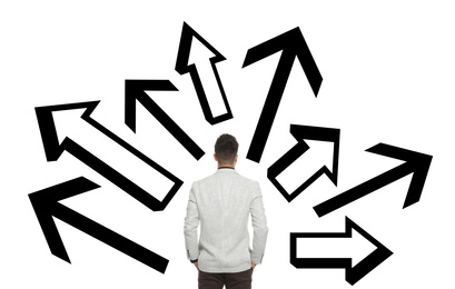Image of Choose your way. Man and arrows pointing in different directions on white background, back view