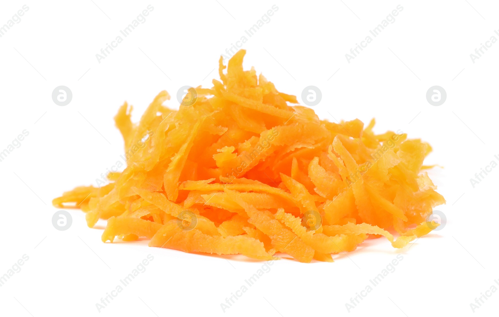 Photo of Pile of fresh grated carrot on white background