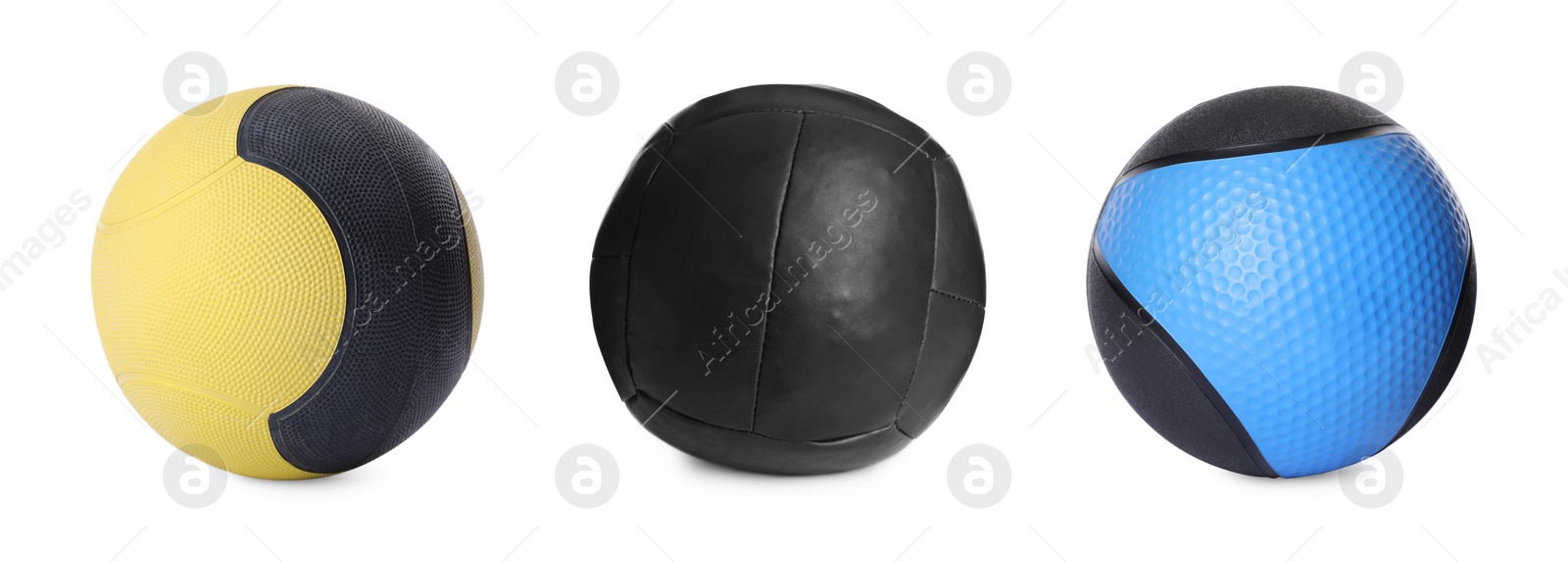 Image of Set with medicine balls on white background. Banner design