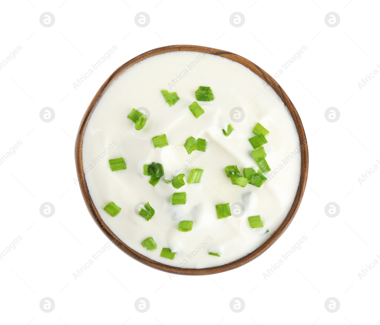 Photo of Fresh sour cream with onion on white background, top view