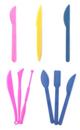 Image of Set with different tools for plasticine on white background, top view
