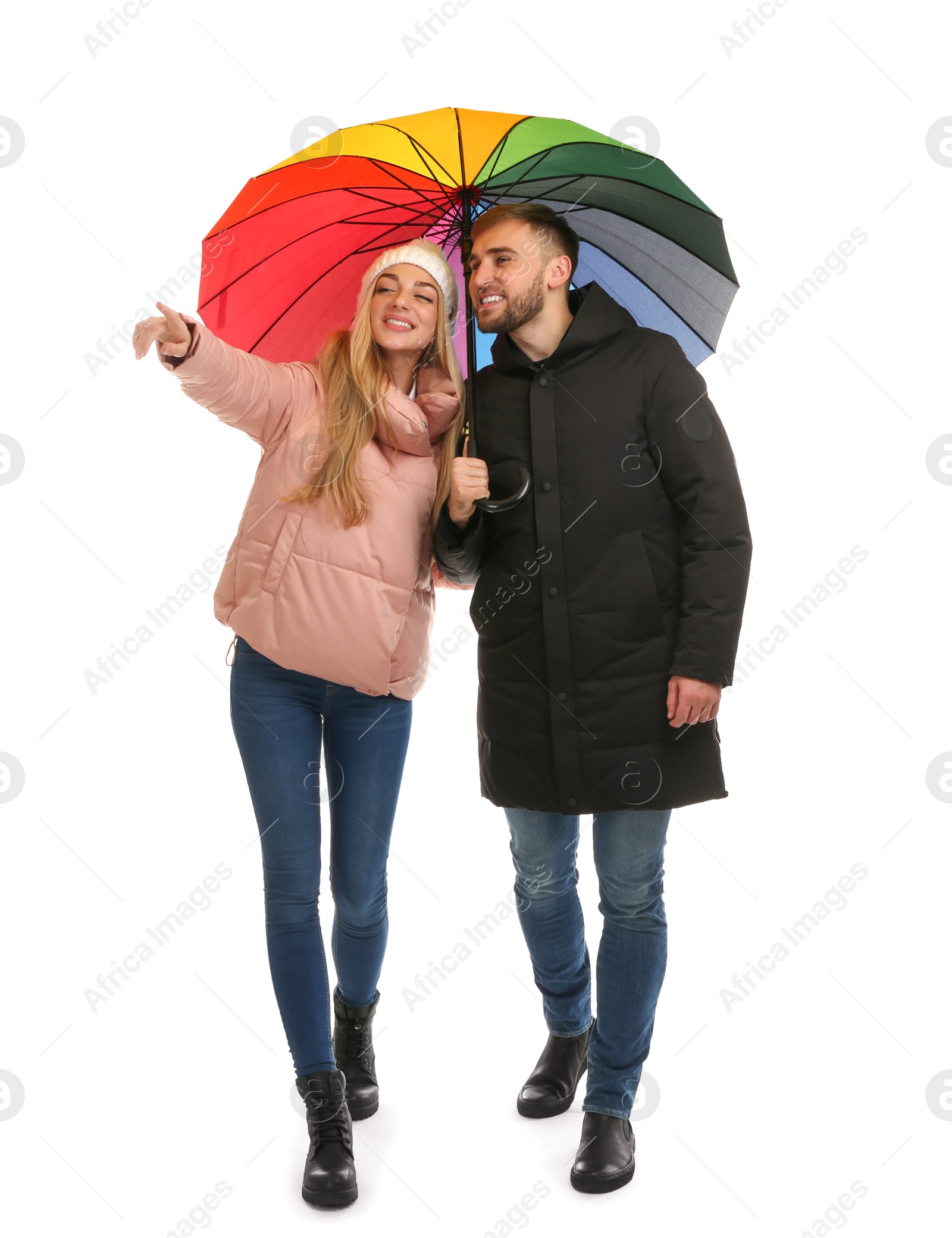 Photo of Full length portrait of beautiful couple with umbrella, isolated on white