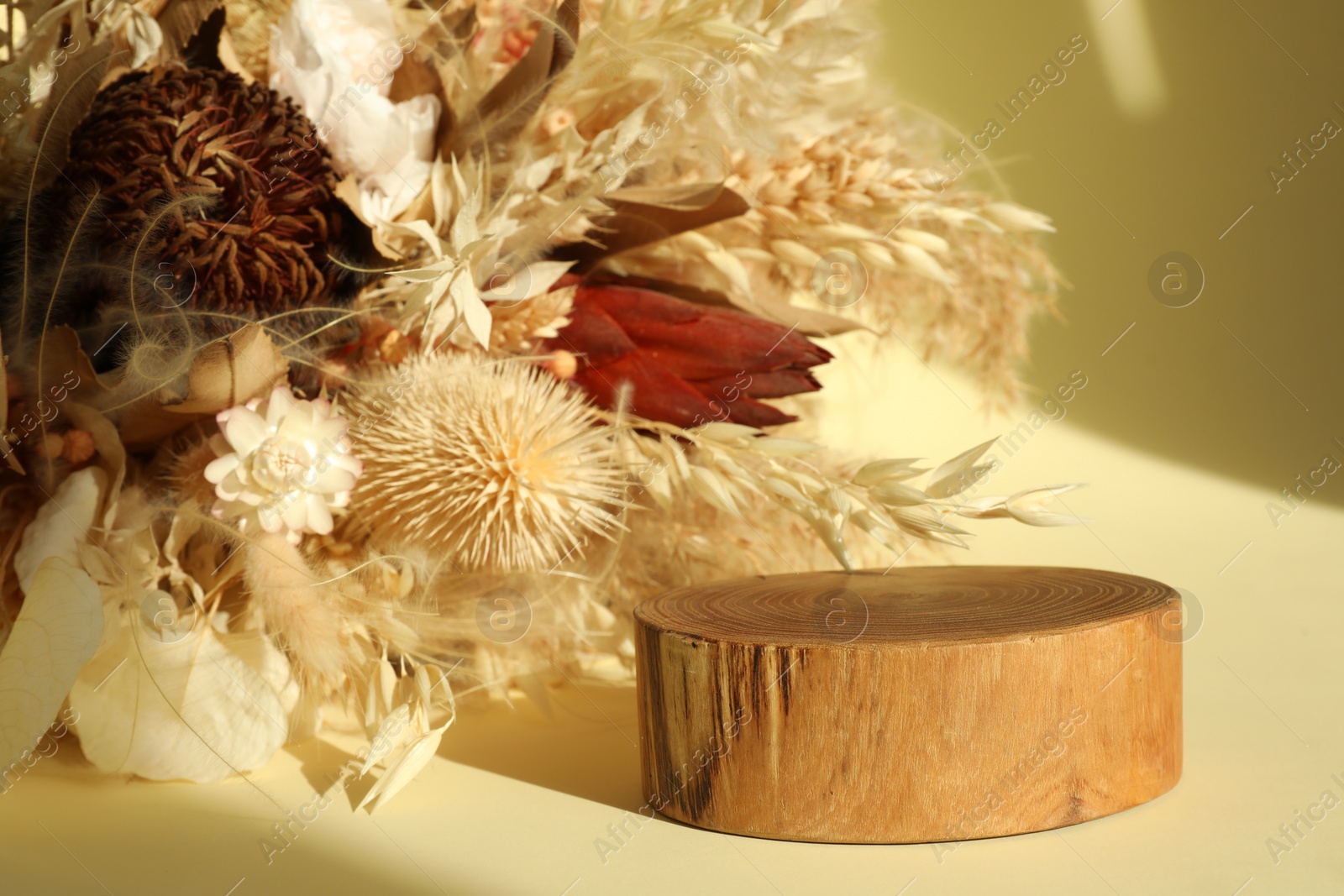 Photo of Presentation of product. Wooden podium and dry flowers on yellow background