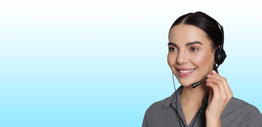 Image of Hotline operator with headset on light blue background, space for text. Banner design