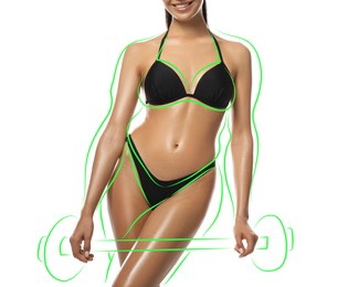 Image of Slim woman in swimsuit on white background. Outline with barbell as her overweight figure before workout