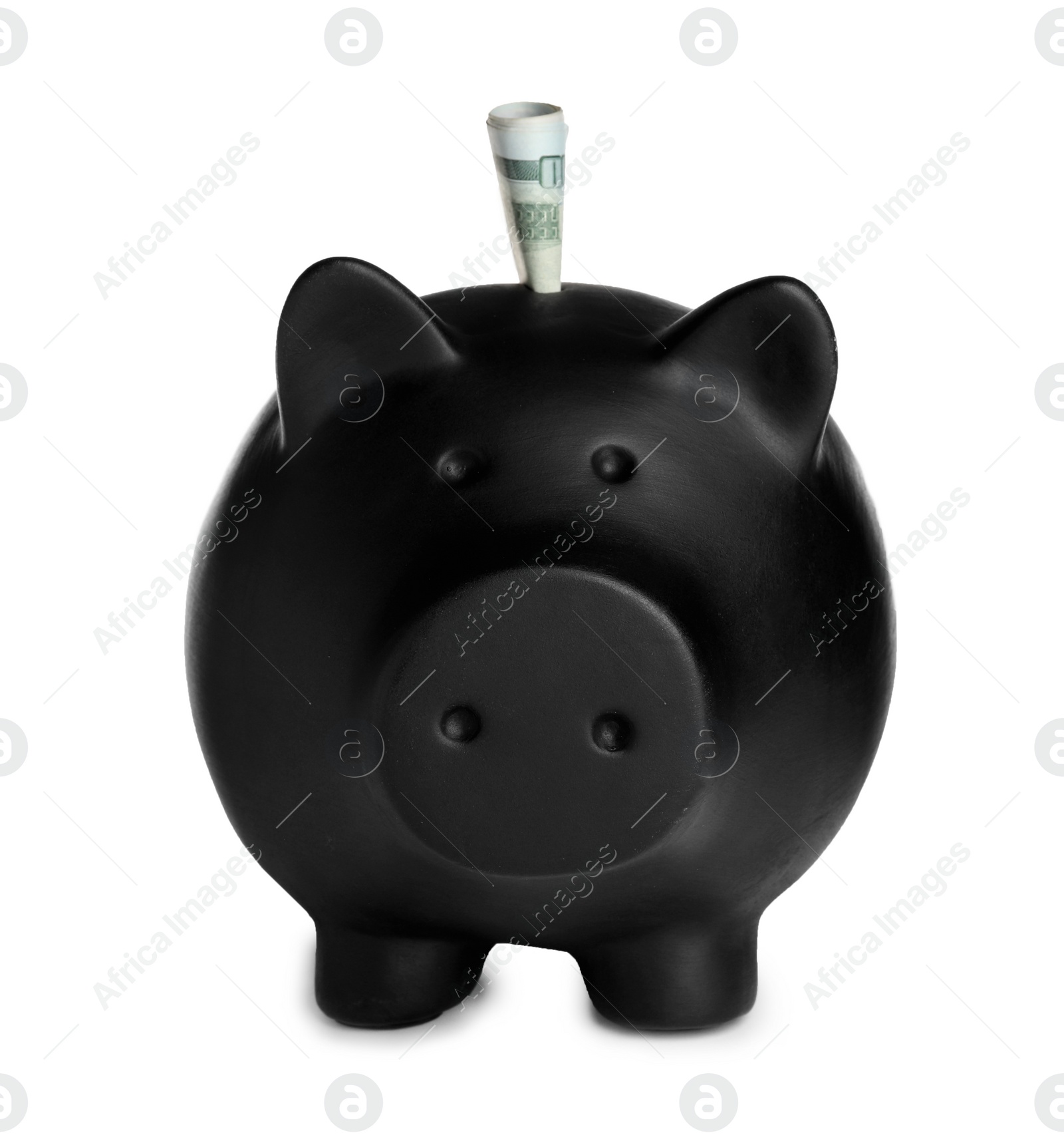 Photo of Piggy bank with money on white background