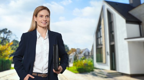 Image of Smiling real estate with portfolio agent near beautiful house outdoors. Space for text
