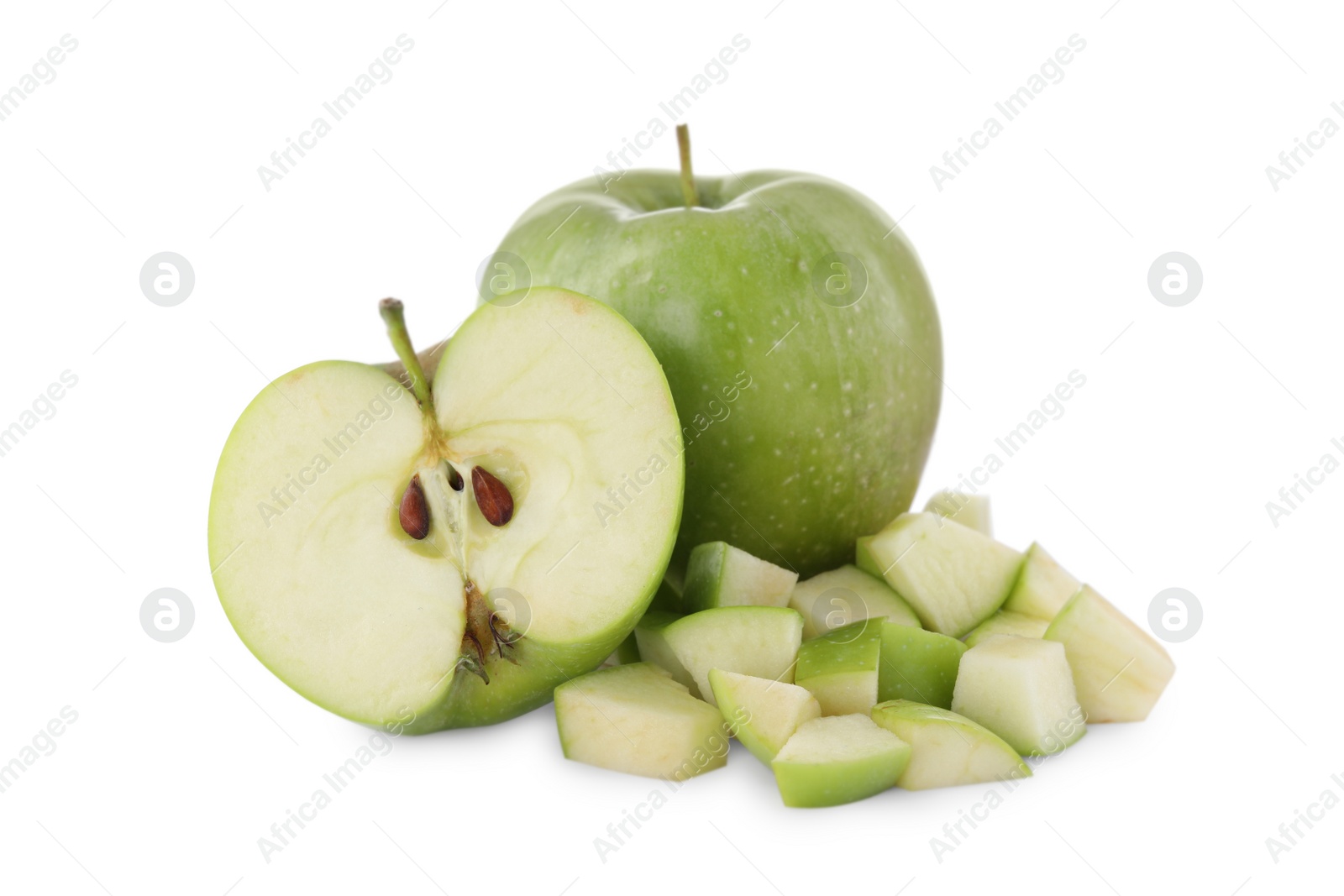 Photo of Whole and cut apples on white background