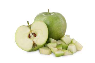 Photo of Whole and cut apples on white background