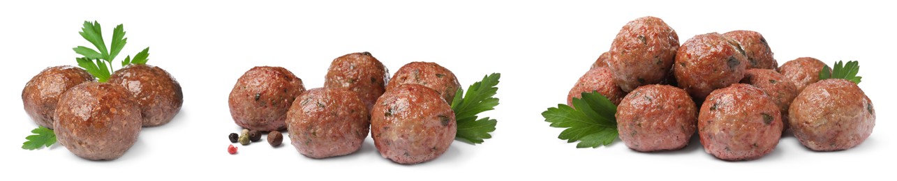 Image of Set with tasty cooked meatballs on white background. Banner design