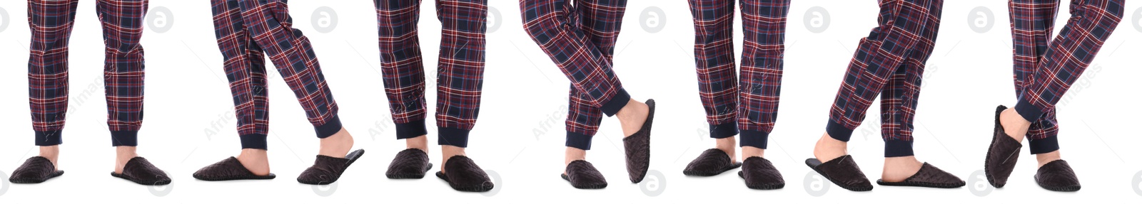 Collage with photos of men wearing stylish slippers on white background, closeup. Banner design Image of Collage with photos of men wearing stylish slippers on white background, closeup. Banner design