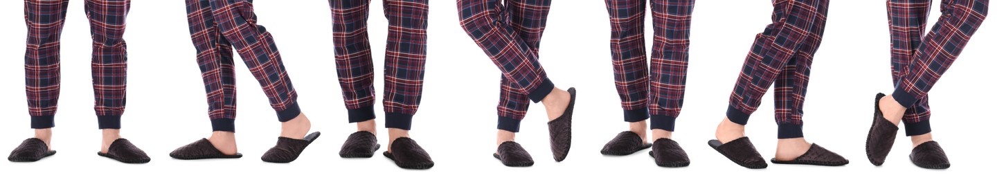 Image of Collage with photos of men wearing stylish slippers on white background, closeup. Banner design