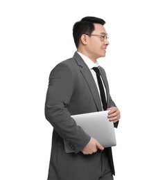 Photo of Businessman in suit with laptop posing on white background