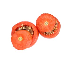 Photo of Delicious stuffed tomatoes on white background, top view