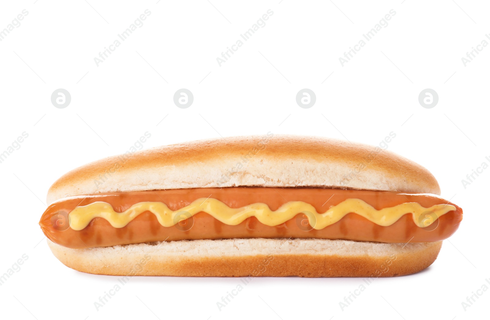 Photo of Tasty hot dog with mustard on white background