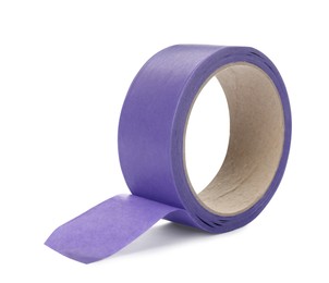 Photo of Roll of violet adhesive tape isolated on white