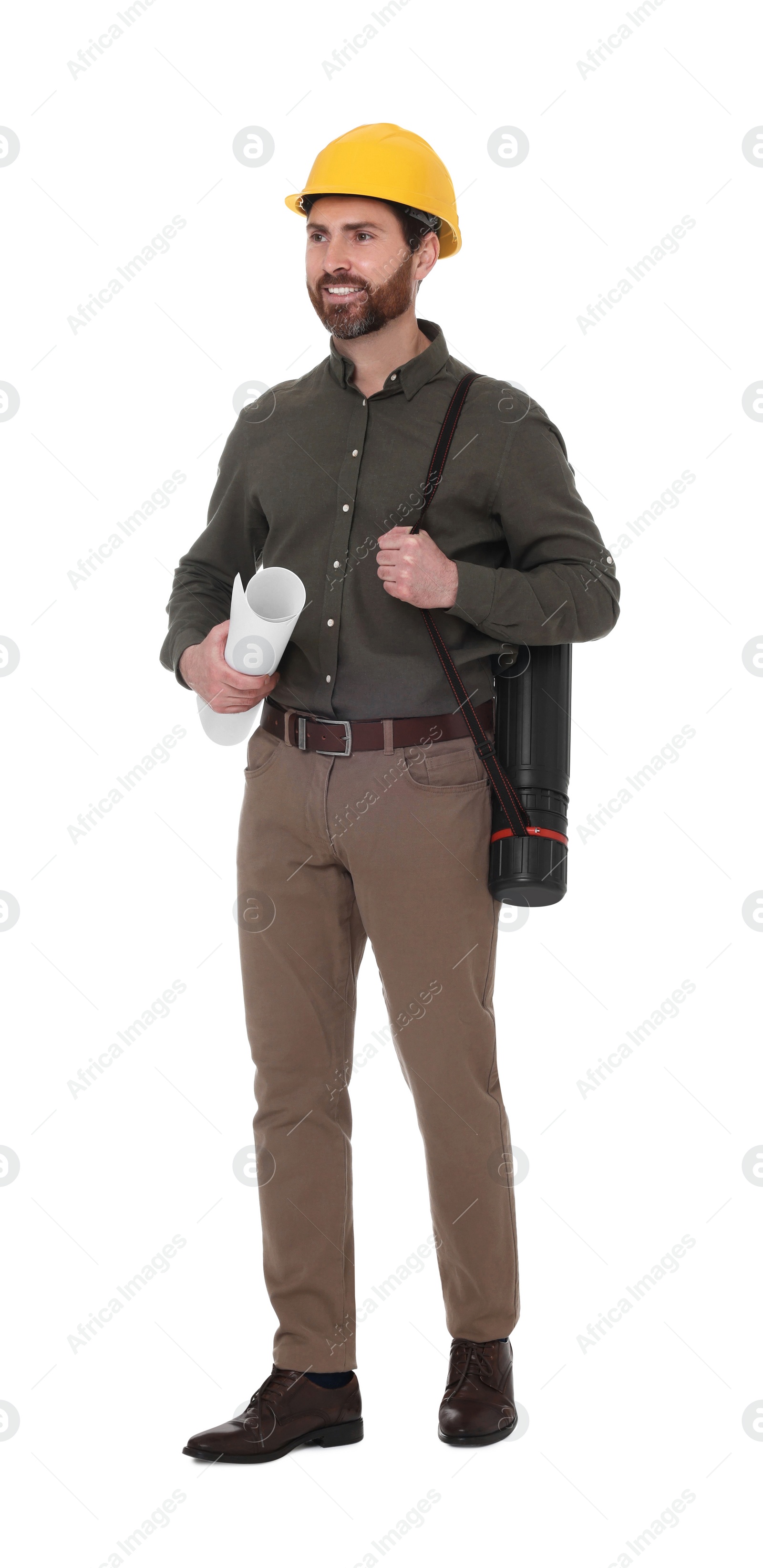 Photo of Architect in hard hat with drawing tube and draft on white background