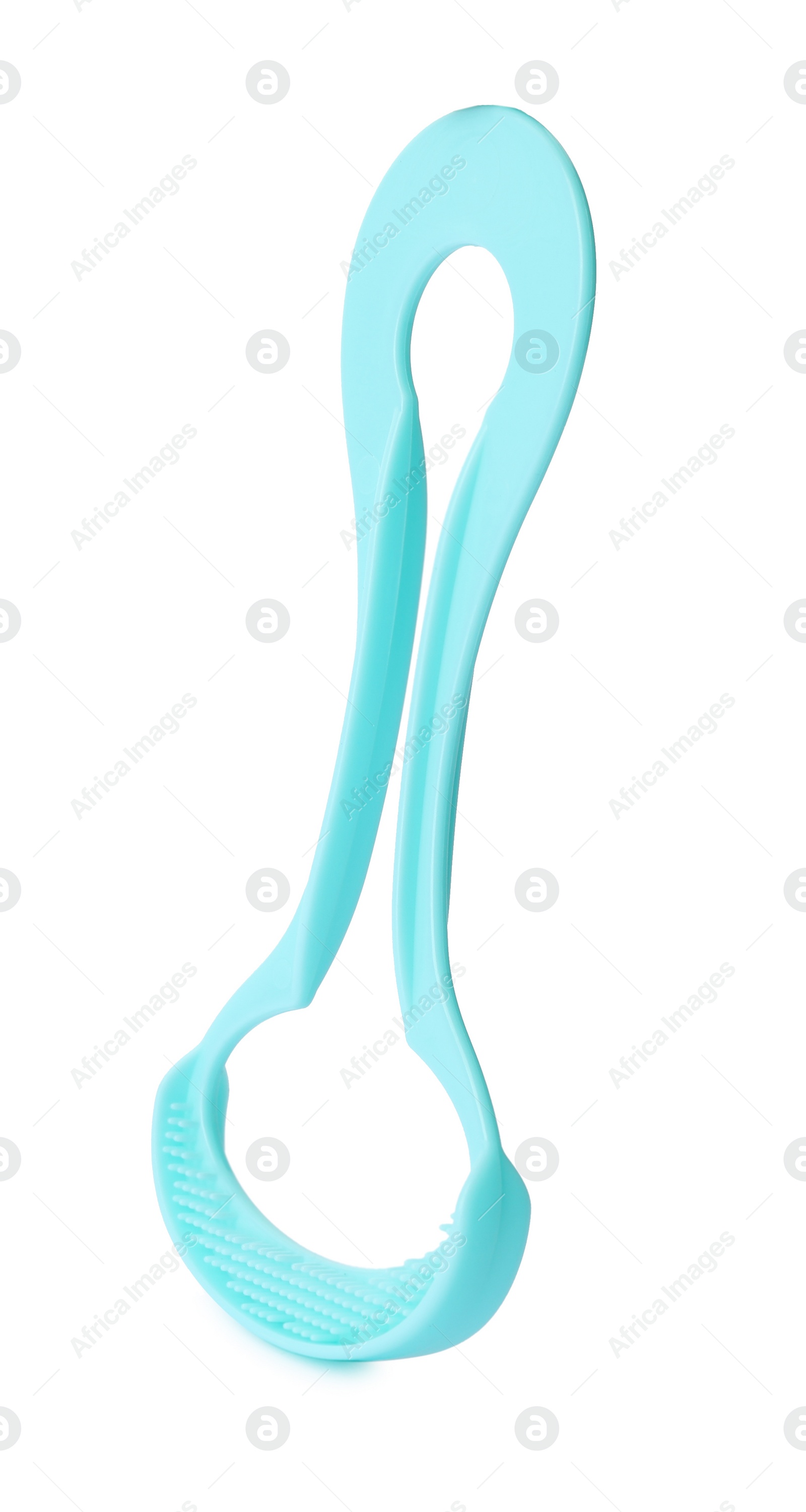 Photo of New tongue cleaner for oral care on white background