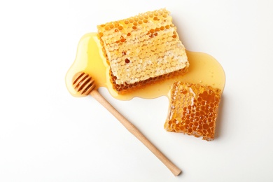 Photo of Composition with fresh honeycombs on white background, top view