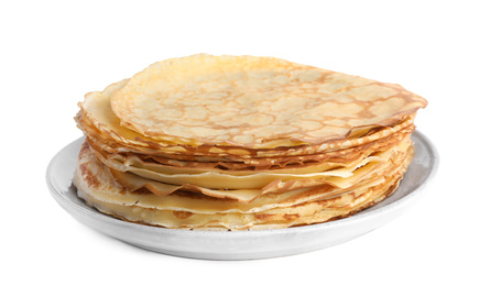 Photo of Stack of fresh thin pancakes isolated on white