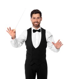 Photo of Happy professional conductor with baton on white background