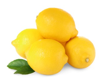 Photo of Fresh ripe lemons with green leaves isolated on white