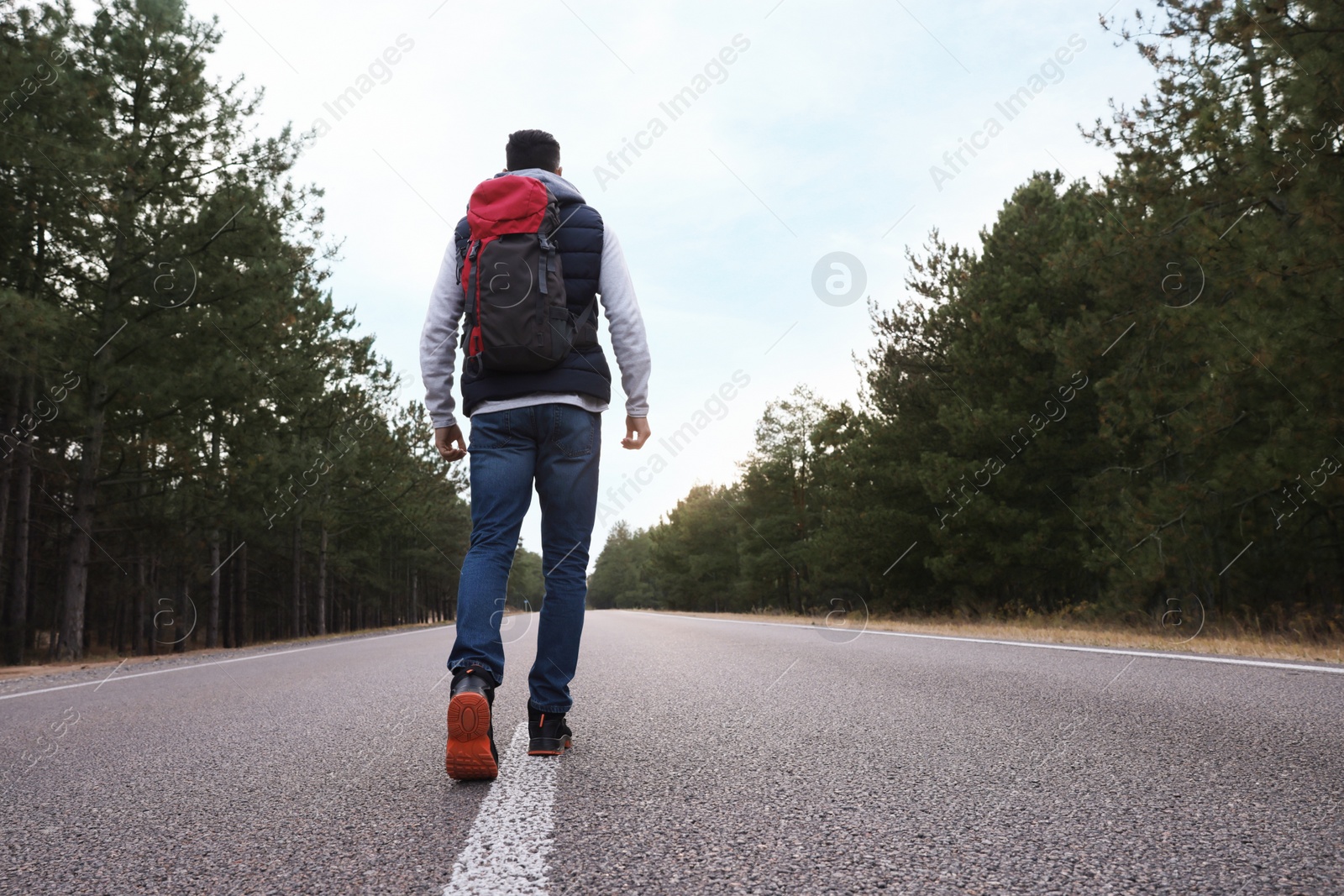 Photo of Man with backpack going along road near forest, back view