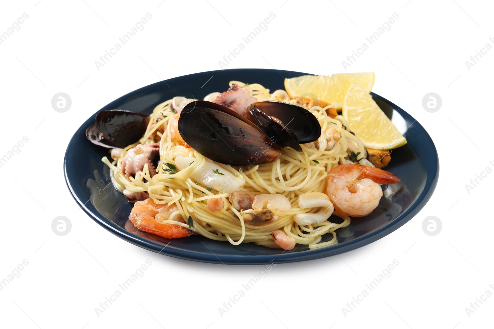 Photo of Delicious pasta with sea food in plate isolated on white