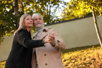Affectionate senior couple dancing together outdoors. Space for text
