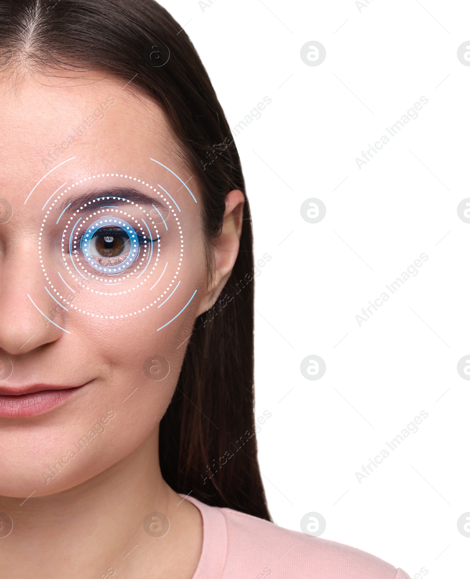 Image of Vision test. Woman and digital scheme focused on her eye against white background, closeup