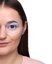 Vision test. Woman and digital scheme focused on her eye against white background, closeup