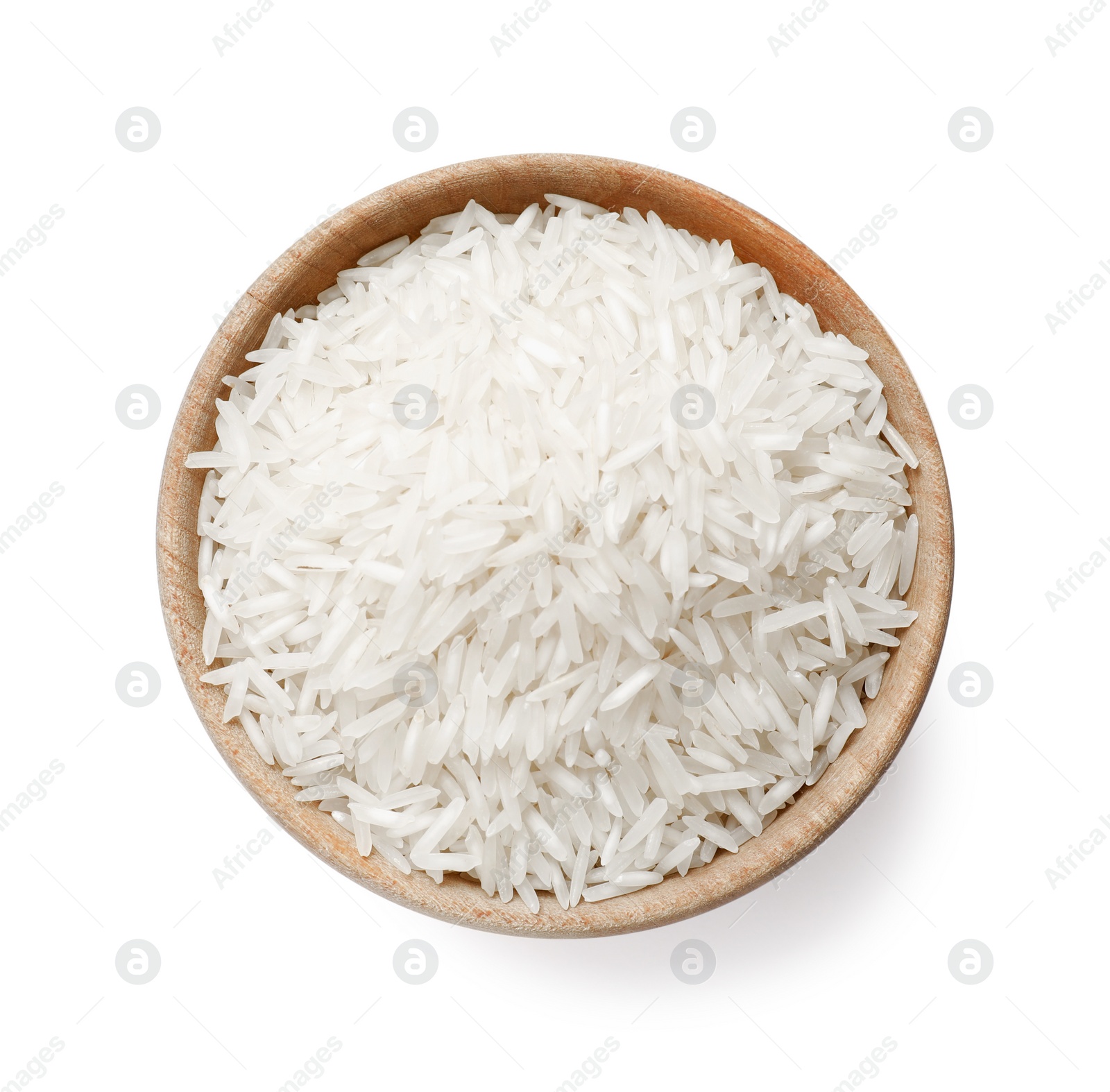 Photo of Raw basmati rice in bowl isolated on white, top view