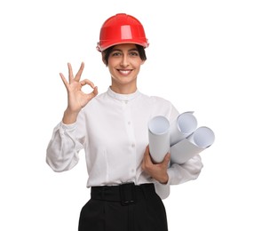 Photo of Architect with hard hat and drafts showing ok gesture on white background