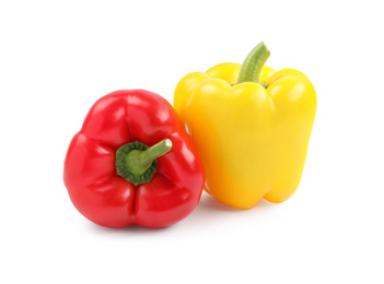 Photo of Fresh ripe bell peppers on white background