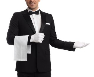 Photo of Butler with towel on white background, closeup