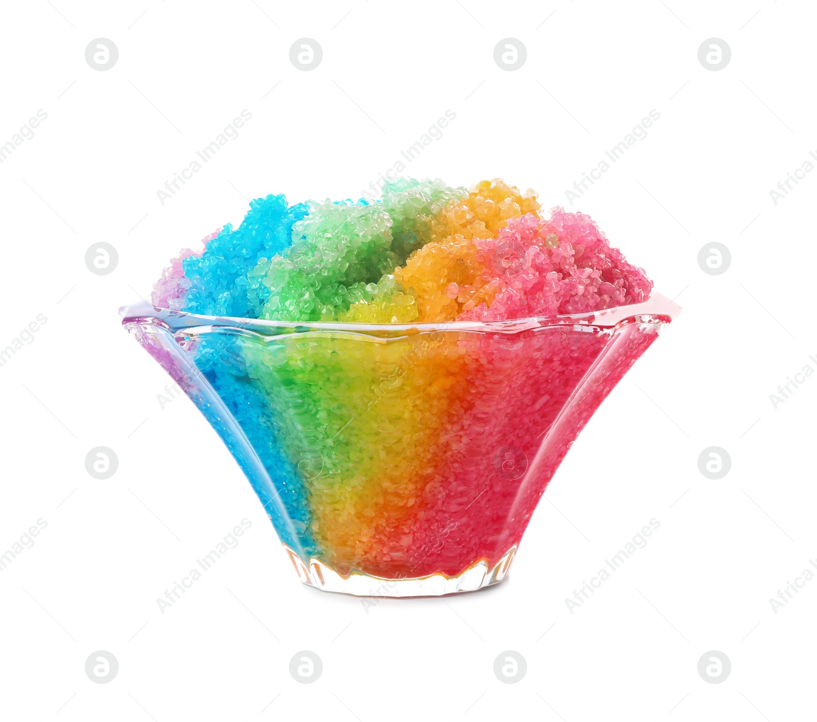 Photo of Rainbow shaving ice in glass dessert bowl isolated on white