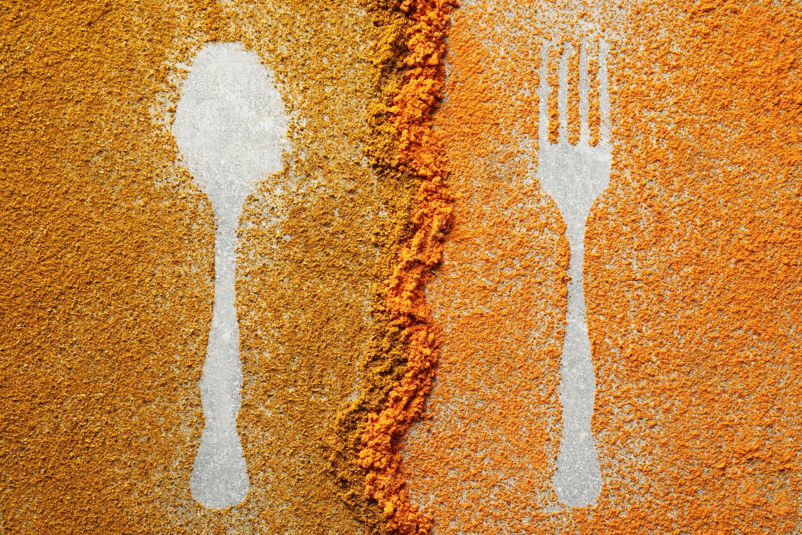 Photo of Silhouettes of cutlery made by spices on light grey table, flat lay