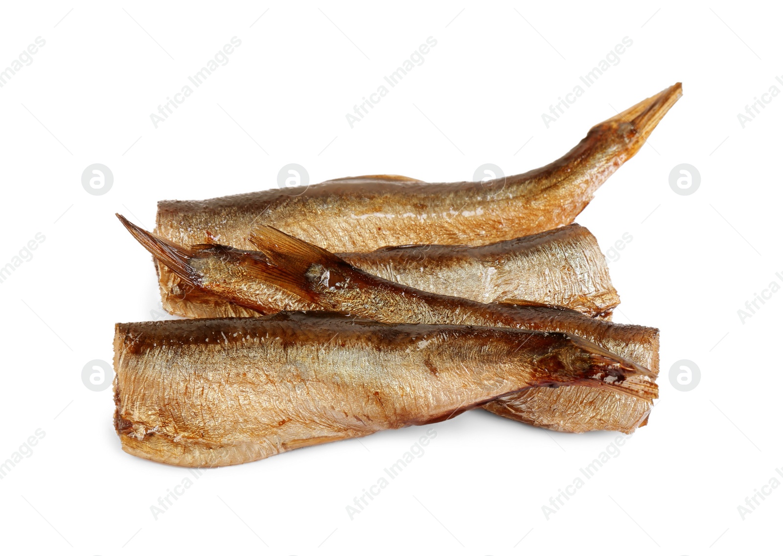 Photo of Many tasty canned sprats isolated on white