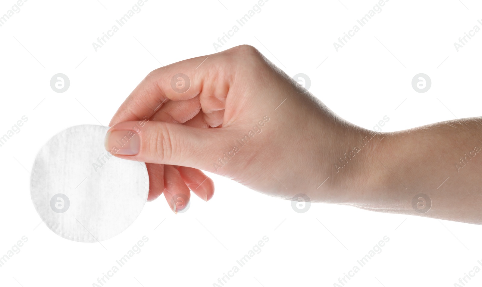 Photo of Woman holding soft clean cotton pad on white background, closeup