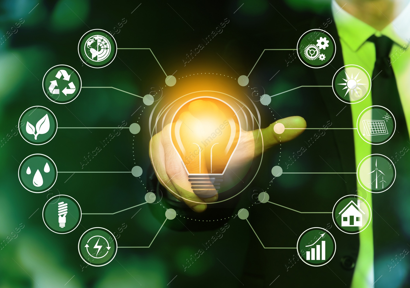 Image of Energy efficiency concept. Man demonstrating scheme with icons, closeup