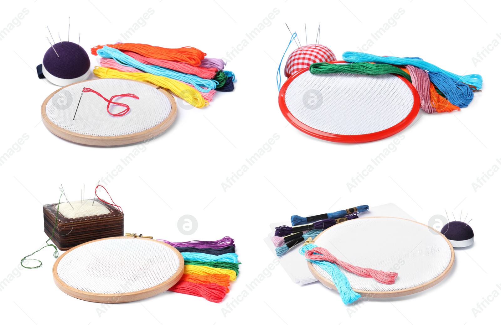 Image of Set with embroidery accessories and threads on white background