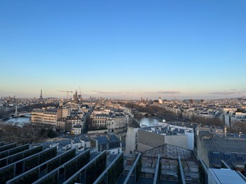 Beautiful buildings and river in Paris, view from hotel window