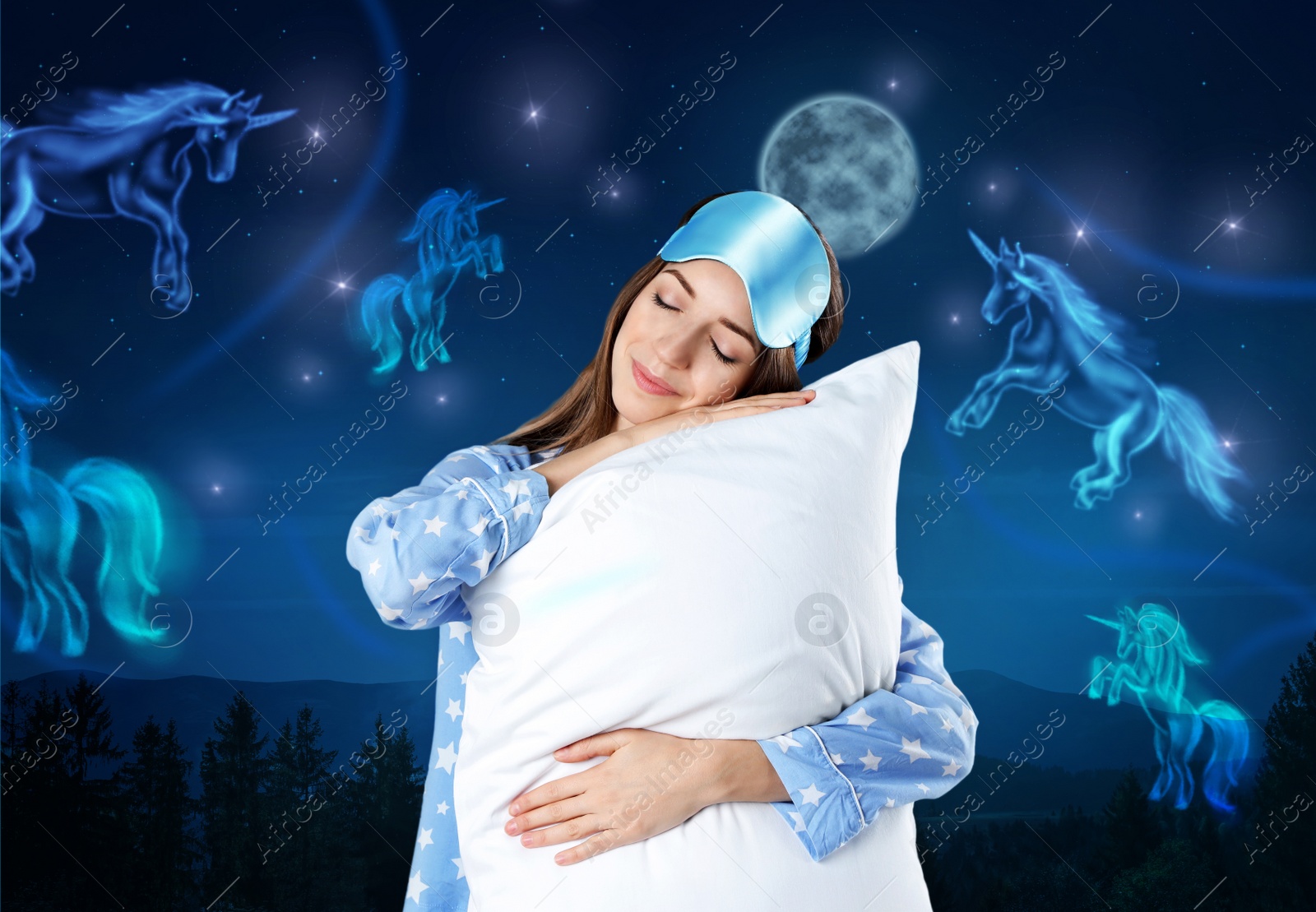 Image of Beautiful woman dreaming about unicorns while sleeping, night starry sky with full moon on background 